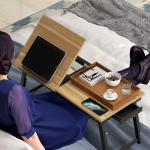 Mesa Reclinável para Cama e Sofá, Bandeja Dobrável com Gaveta Lateral para Portátil e Livros, 5 Alturas, Carvalho