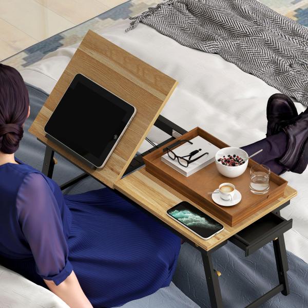 Mesa Reclinável para Cama e Sofá, Bandeja Dobrável com Gaveta Lateral para Portátil e Livros, 5 Alturas, Carvalho