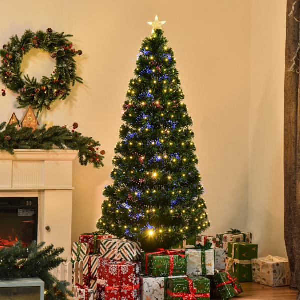 Árvore de Natal 180 cm Árvore de Natal Artificial com Luzes LED Fibra Óptica 230 Ramos de PVC e Suporte Metálico Ø82x180 cm Verde