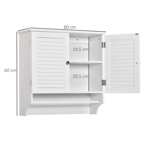Armário Casa de Banho de Parede com 2 Portas de Persiana Prateleira Interior e Barra para Toalhas Móvel Auxiliar Suspenso Moderno Multiuso para Cozinha 60x23x60cm Branco