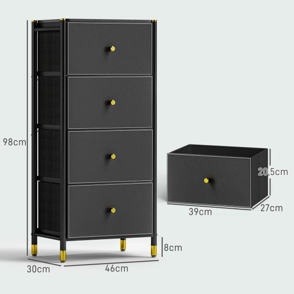 Cómoda para Dormitório Cómoda de Tecido com 4 Gavetas Dobráveis com Frentes de Couro PU 46x30x98 cm Preto