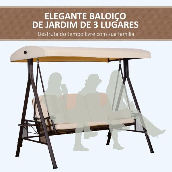 Banco Baloiço de Jardim de 3 Lugares com Teto 2 Almofadas Suporte para Bebidas e Estrutura de Metal para Terraço Balcão Exterior Carga Máxima 360kg 207x120,5x174cm Bege
