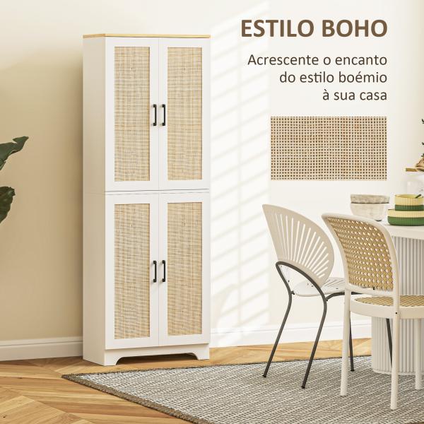Armário de Cozinha com Prateleiras Ajustáveis Portas em Vime e Sistema Anti - Tombo 60x30x170 com Branco