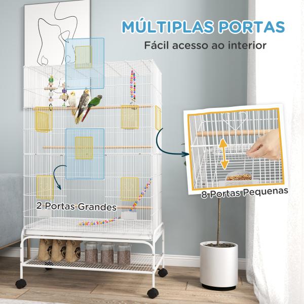 Gaiola para Pássaros com Rodas com 4 Comedouros 3 Poleiros Brinquedos Bandeja Amovível e Prateleira 79x49x133 cm Branco