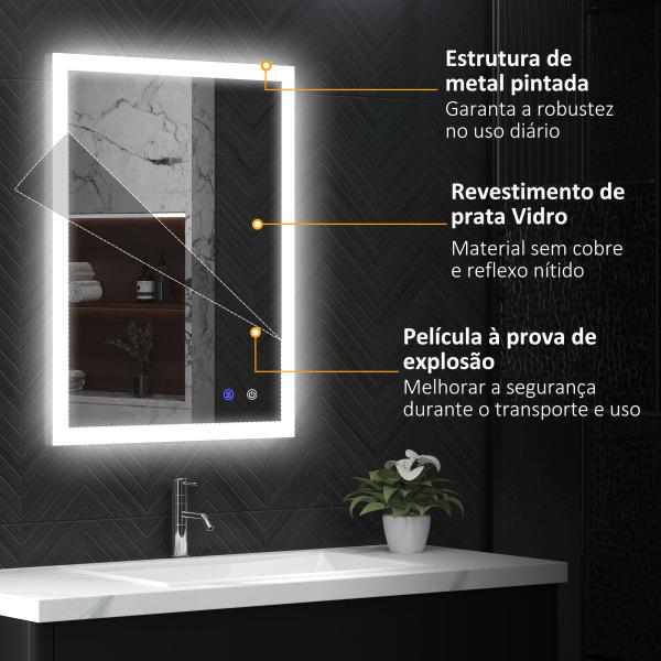 Espelho Casa de Banho com Luzes LED 80x60 cm Função Antiembaciamento 3 Cores Função de Memória e Interruptor Tátil Prata
