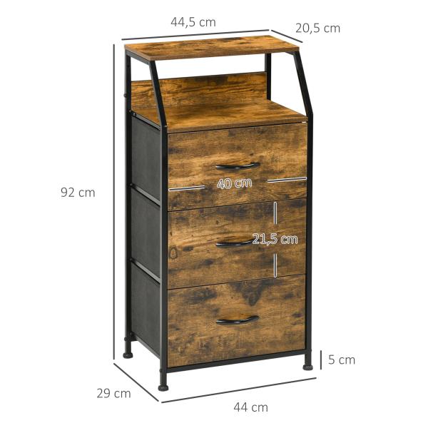 Cómoda com 3 Gavetas de Tecido Dobrável e Prateleira Móvel de Armazenamento Estilo Industrial 44x29x92cm Marrom Rústico