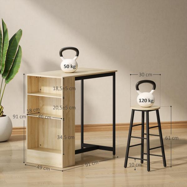 Conjunto Mesa Alta com 2 Bancos Apoios para os Pés 3 Compartimentos Prateleira Ajustável para Cozinha Carvalho