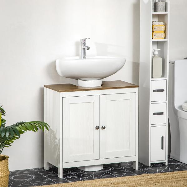 Móvel para Lavatório Pousar de Madeira com 2 Portas e Prateleira Ajustável Estilo Moderno 60x30x60cm Branco e Madeira