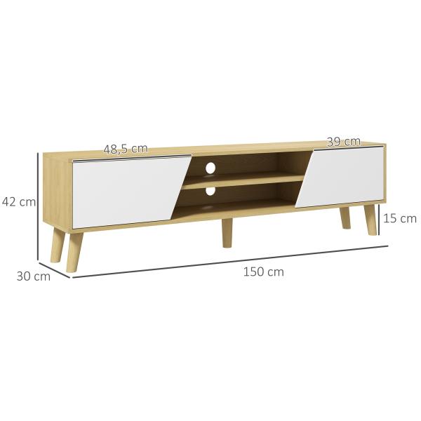 Móvel de TV com 2 Portas e 2 Estantes para Televisores de até 65 Polegadas 150x30x42 cm Madeira e Branco