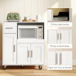 Móvel Auxiliar de Cozinha com Rodas para Microondas com Bandeja Deslizante Gaveta 3 Portas Prateleira Ajustável 80x40x88,7 cm Branco