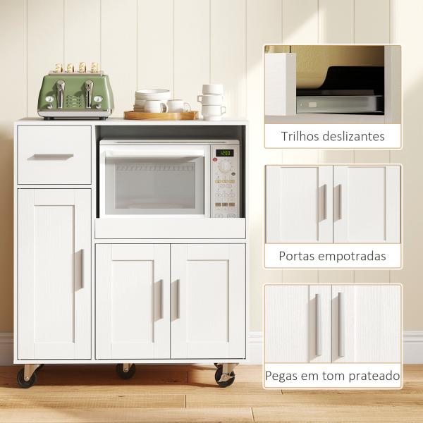 Móvel Auxiliar de Cozinha com Rodas para Microondas com Bandeja Deslizante Gaveta 3 Portas Prateleira Ajustável 80x40x88,7 cm Branco