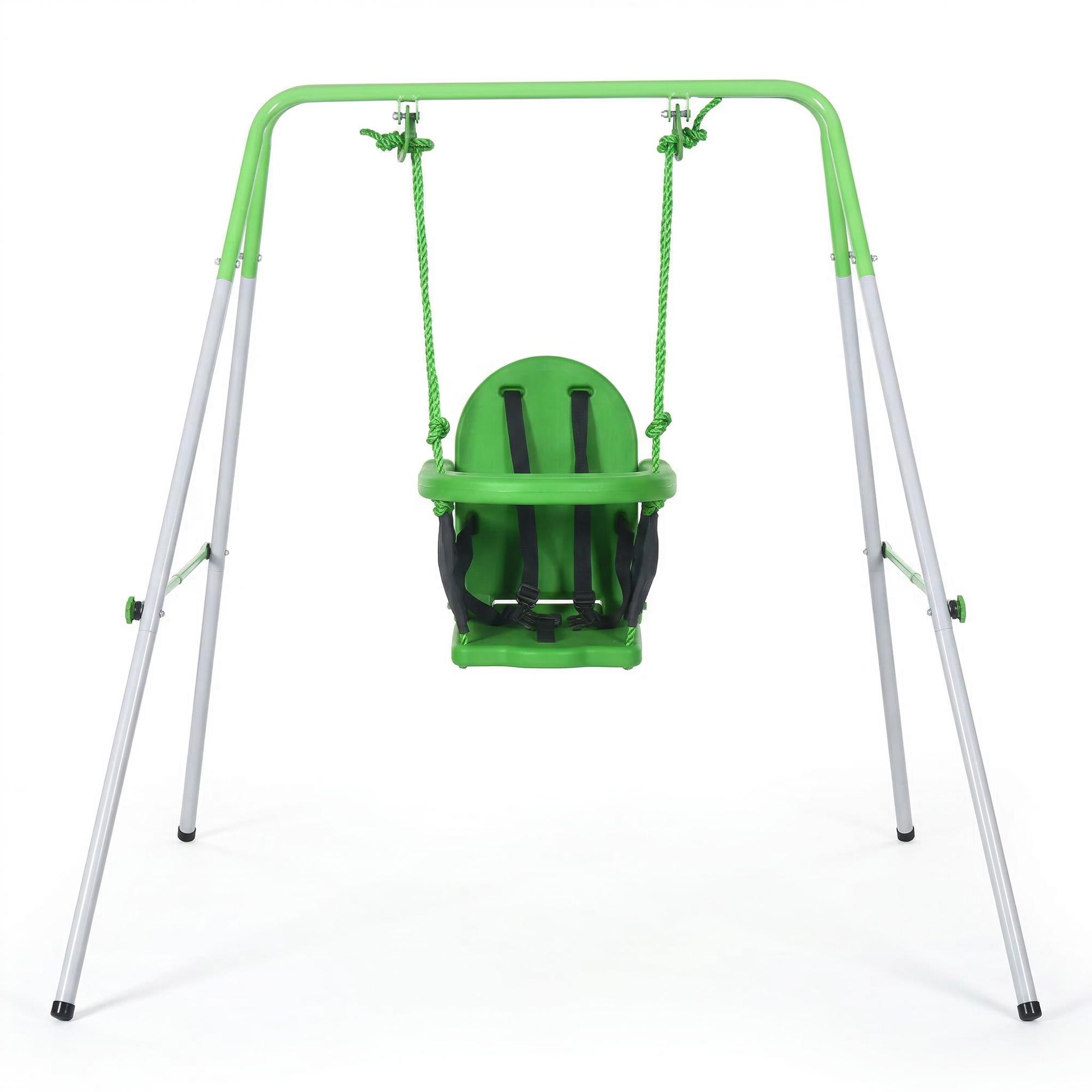 Baloiço Infantil de Aço Baloiço para Crianças de 6 - 36 Meses com Encosto Alto e Arnês de Segurança 122x146x122 cm Verde