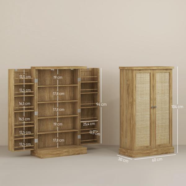 Armário de Cozinha Armário Despensa Cozinha com 2 Portas de Vime e 16 Prateleiras 60x30x104 cm Madeira