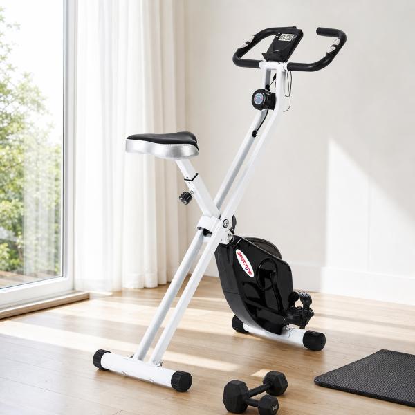 Bicicleta Estática Dobrável Silenciosa com 8 Níveis de Resistência, Monitor LCD, Assento Ajustável e Rodas, Branca