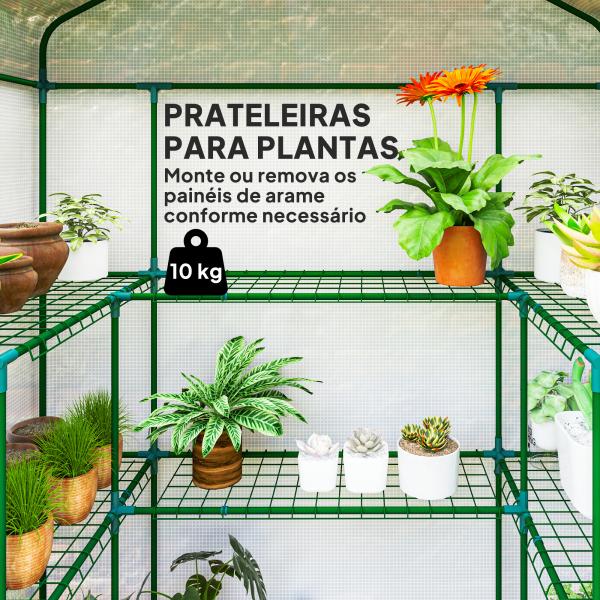 Estufa de Jardim com 1 Porta 2 Janelas e Prateleiras de 2 Níveis em Forma de U para Cultivo de Plantas 140x73x190 cm Branco
