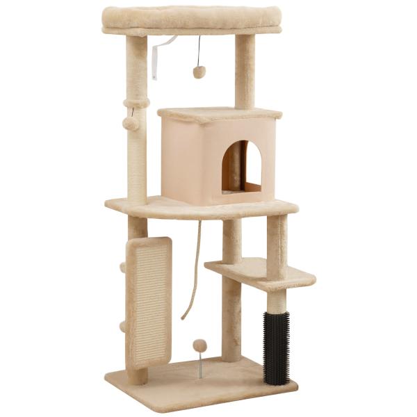 Arranhador para Gatos Grande Altura 132 cm com Plataformas Postes com Escova Bolas Suspensas e Almofadas para Arranhar Bege