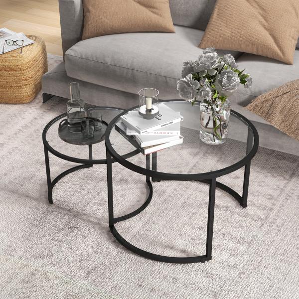 Conjunto de 2 Mesas de Apoio Redondas Bancada de Vidro Temperado e Estrutura de Aço Grande 70 cm Pequena 54 cm Preto e Transparente