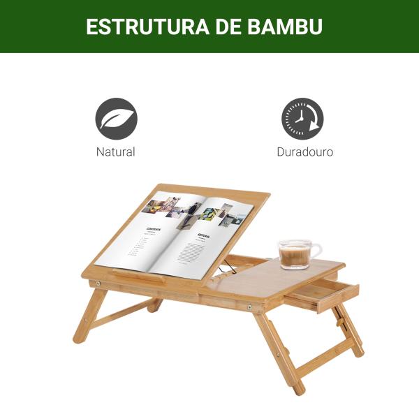 Mesa de Computador Portátil Bambu Dobrável Reclinado Altura ajustável Suporte Mesa de volta 1 Gaveta 55x35x22 - 30cm