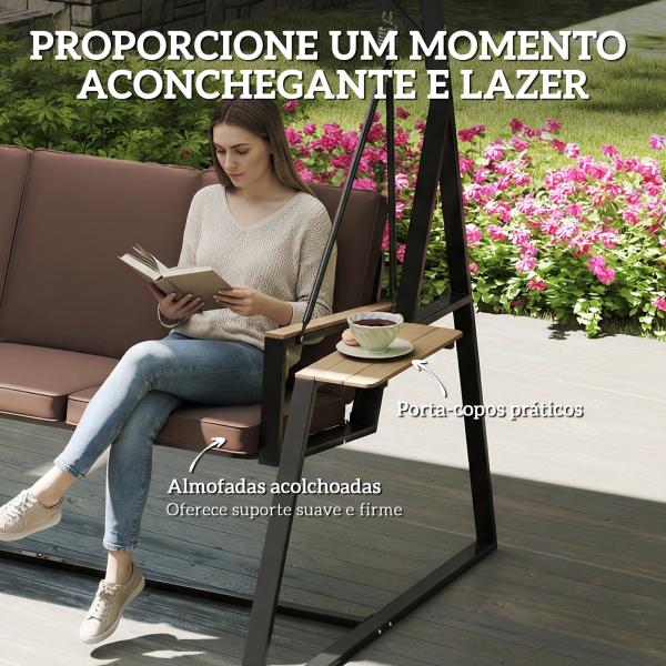 Baloiço de Jardim de 3 Lugares com Teto Ajustável UPF50+ 2 Bandejas Almofadas e Estrutura em Metal 222x131x175 cm Marrom