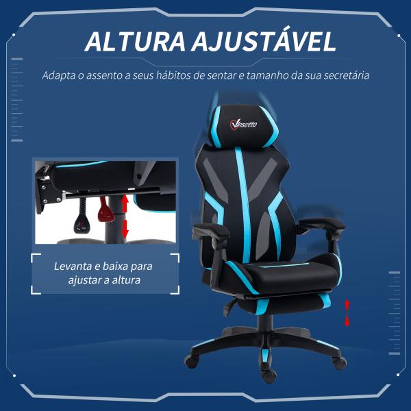Cadeira de Gaming com Apoio para os Pés Retrátil Cadeira de Escritório Reclinável com Apoio para a Cabeça e Altura Ajustável 65x65x119 - 129cm Preto e Azul