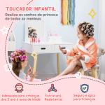 Toucador Infantil de Madeira com Banco Espelho e 2 Gavetas Brinquedo Educativo para Crianças de 3 - 6 Anos 60x40x95cm Branco
