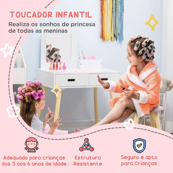 Toucador Infantil de Madeira com Banco Espelho e 2 Gavetas Brinquedo Educativo para Crianças de 3 - 6 Anos 60x40x95cm Branco