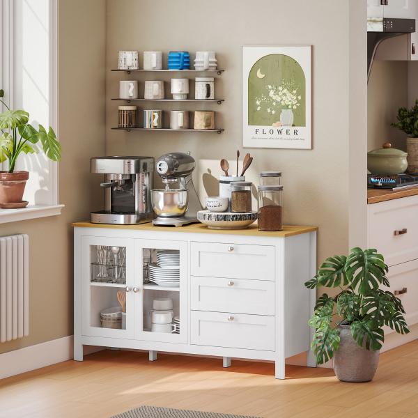 Aparador para Sala de Estar com 2 Portas de Vidro 3 Gavetas e Prateleira Ajustável para Cozinha Sala de Jantar 120x40x70 cm Branco e Madeira