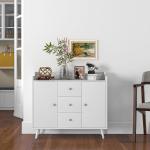 Aparador Sala de Estar Moderno com 2 Portas 3 Gavetas e Pés de Madeira de Pinho 90x32x80 cm Branco