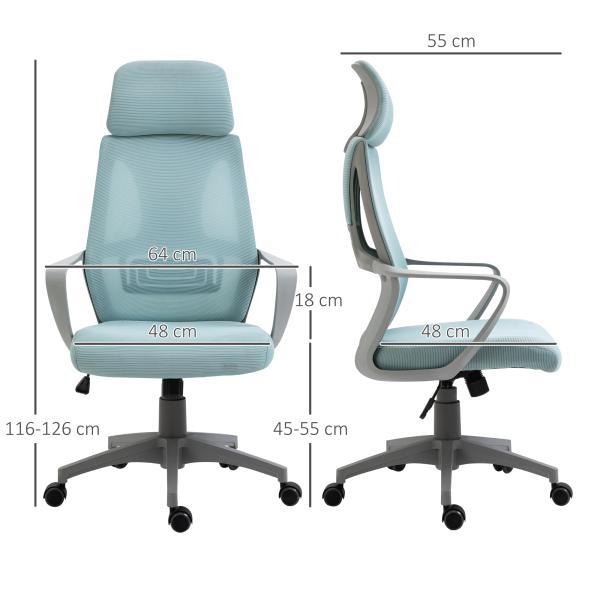 Cadeira de escritório ergonômica Cadeira de mesa inclinável ajustável em altura com encosto de braço Encosto de cabeça 5 rodas Suporta até 120 kg 64x58x116 - 126 cm Azul