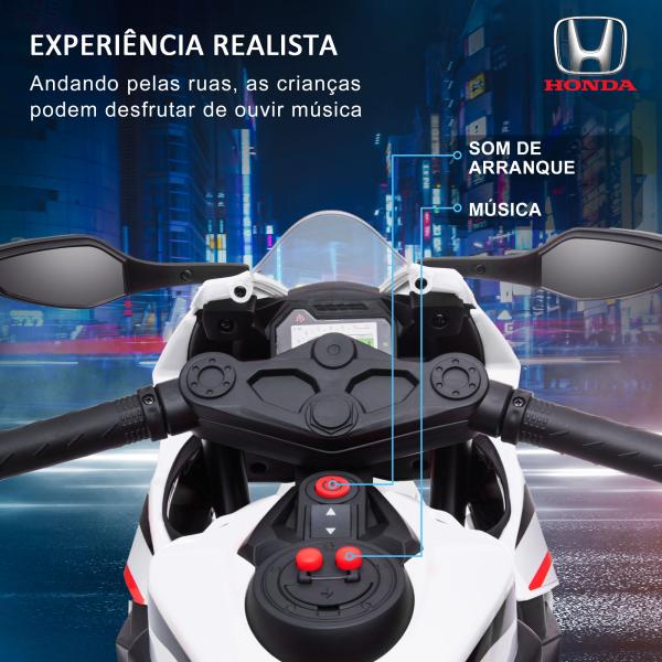 Mota Elétrica com Licença HONDA para Crianças de 3 - 5 Anos Mota a Bateria 6V com Farol Buzina Música 90x44x52cm Branco