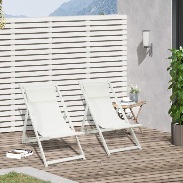 Conjunto de 2 Espreguiçadeiras Dobráveis de Alumínio com Encosto Ajustável em 5 Posições e Apoio de Cabeça 60x100x85 cm Branco