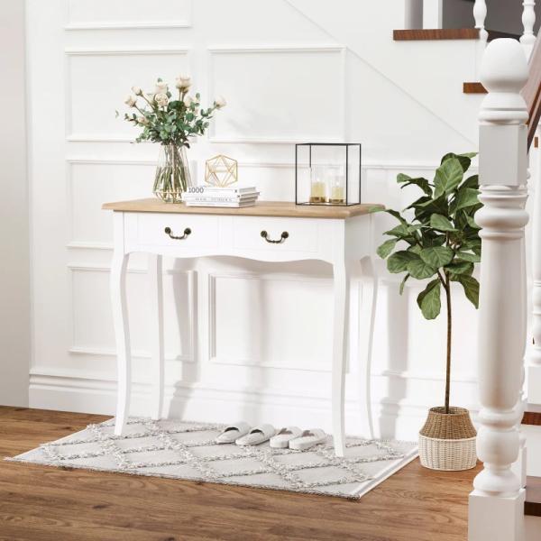 Mesa Consola Mesa Auxiliar com 2 Gavetas para Entrada Corredor Sala de Estar 87x34x78,5cm Branco e Madeira