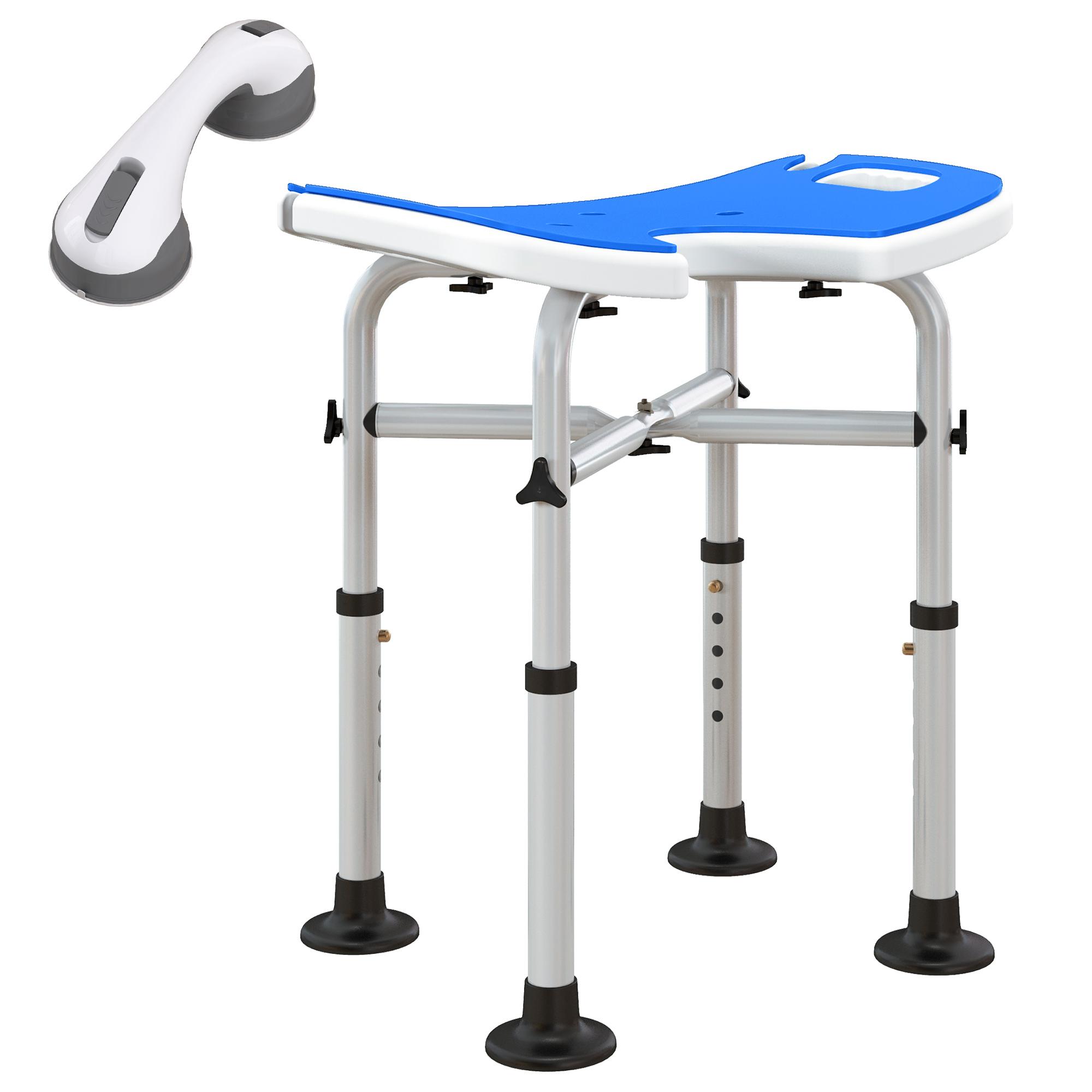 Banco de Duche para Idosos Antiderrapante com Barra de Apoio Altura Regulável e Assento em Forma de U 48,5x33x39 - 51,5 cm Azul