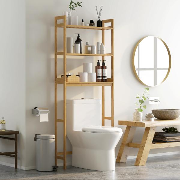 Estante sobre Sanita de Bambu com 3 Prateleiras Pés com Almofadas Antiderrapantes e Anti - Tombo 68x20x135 cm Madeira