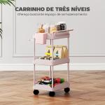Carrinho Auxiliar com Rodas de 3 Níveis com Cestos Extraíveis Suporte para Toalhas e Estrutura de Metal 42x42,5x76 cm Rosa