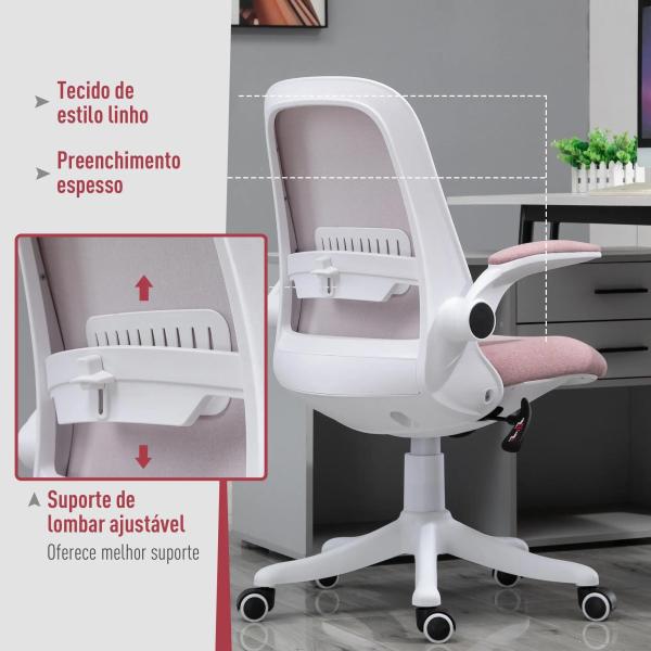 Cadeira de Escritório Giratória Função de Inclinação Altura Ajustável Ergonômica com Apoio de Braço Elevavel Carga 120 kg62,5x60x94 - 104 cm Rosa