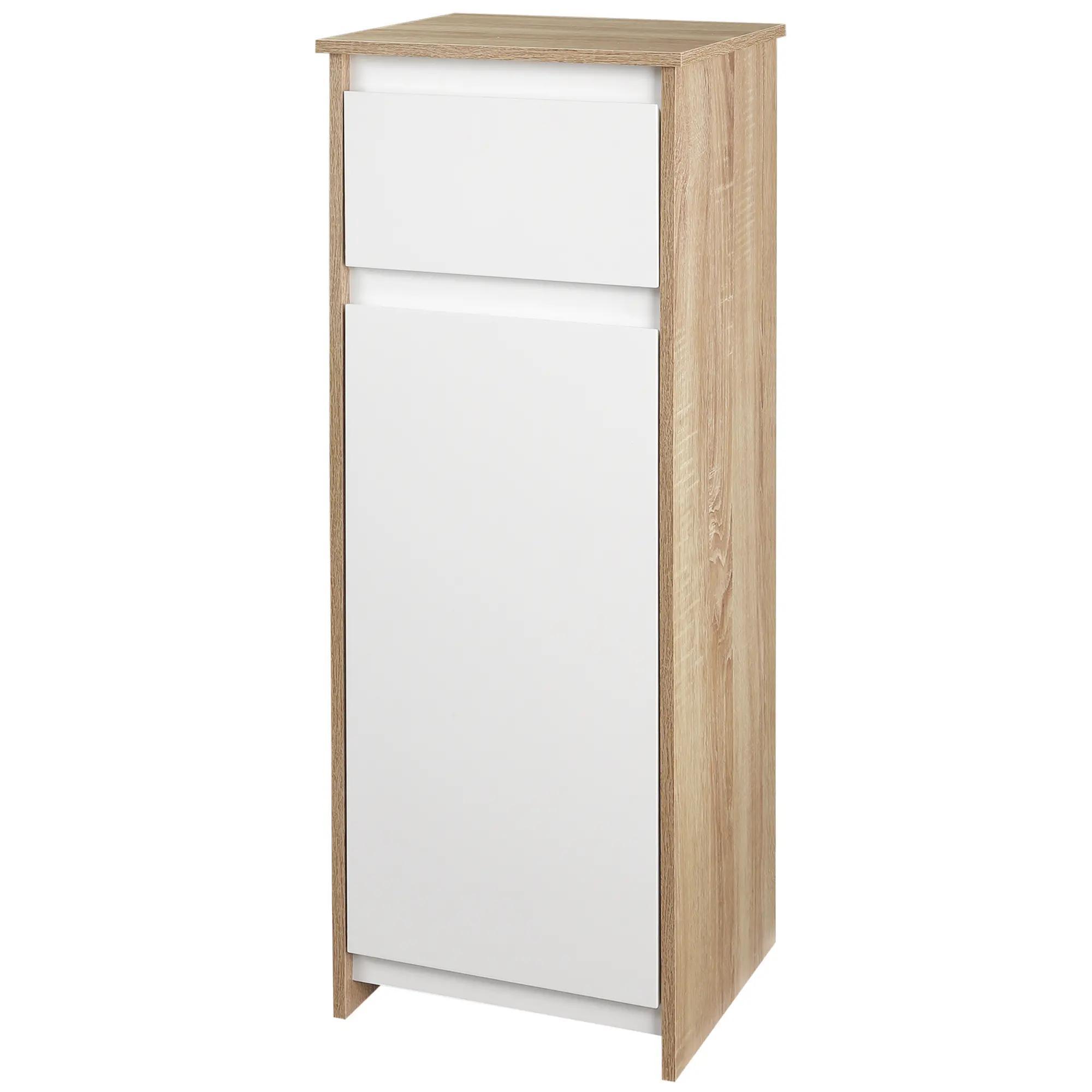Armário Casa de Banho Baixo Armário de Madeira com Gavetas e 2 Prateleiras para Sala de Estar Dormitório Cozinha 32,6x30x90cm Natural e Branco