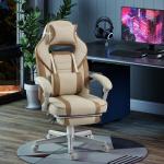 Cadeira Gamer Reclinável com Altura Ajustável Apoio para Pés Retrátil Suporte Lombar e Almofada de Cabeça Removível Creme