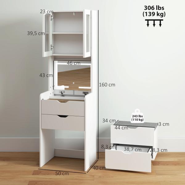 Toucador de Maquilhagem com Luzes LED de 3 Cores Espelho Rebatível e Banco Acolchoado 50x40x160 cm Branco
