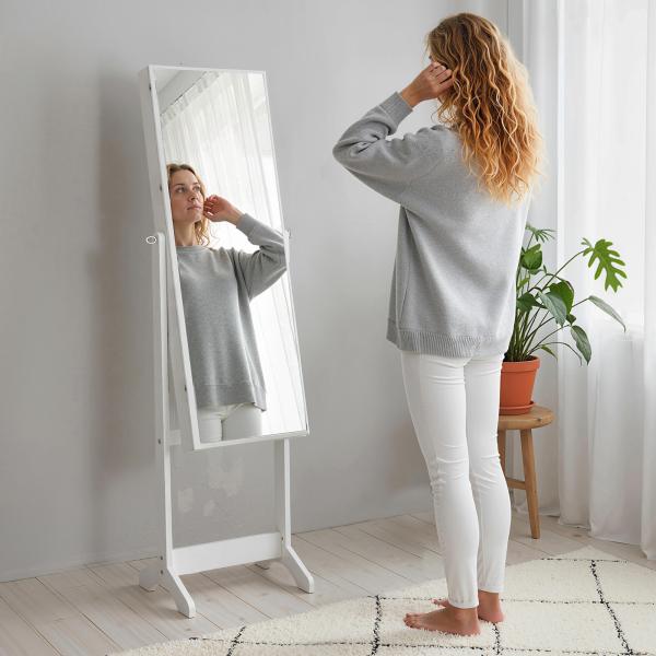 Espelho Joalheiro de Pé com Ângulos Ajustáveis Fechadura Magnética Organizador de Joias com Prateleiras 46x36,5x151,5cm Branco