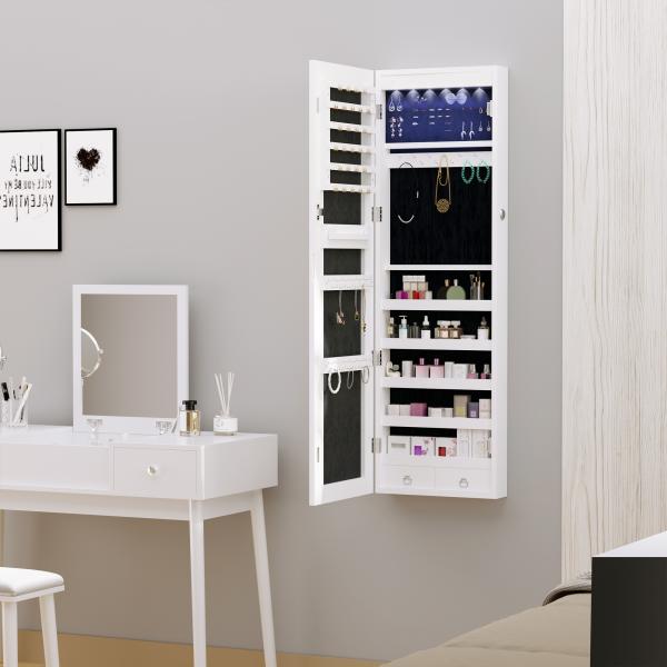 Espelho com Móvel de Bijuterias de Parede ou Porta Espelho de Parede com LED 5 Prateleiras 2 Gavetas pequenas e Fechadura 37x120x10cm Cinza Claro