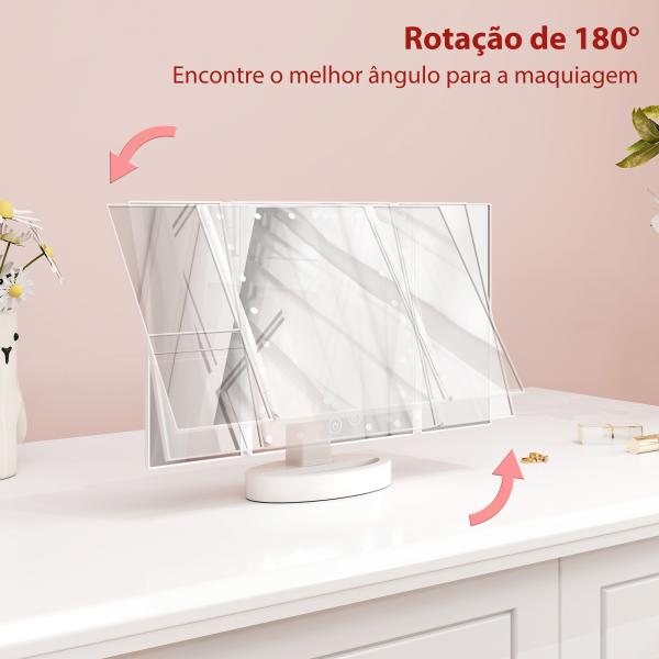 Espelho de Maquilhagem com Luz com Aumento 1x/2x/3x Rotação Livre de 180° 21 Luzes LED 28x12x18 cm Branco