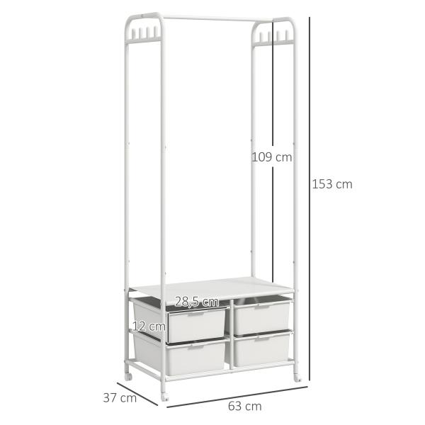Charriot Moderno 8 Ganchos e 4 Cestos para Armazenamento Charriot com Rodas e Estrutura de Aço 63x37x153 cm Branco