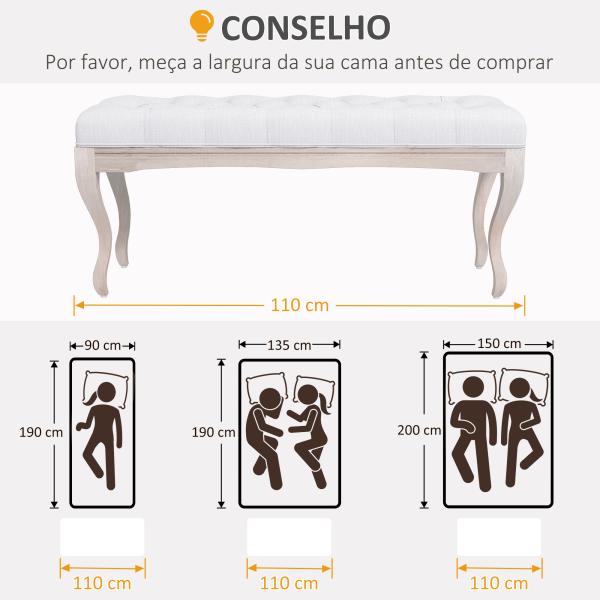 Banco Pé de Cama com Pés de Madeira e Assento Acolchoado para Dormitório Entrada Corredor 110x37x49 cm Creme