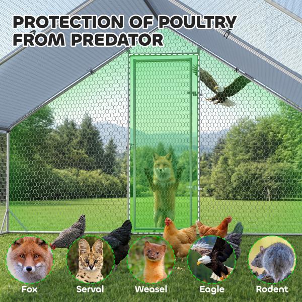 Galinheiro de Exterior Grande 3x4x2m Gaiola para 8 - 12 Galinhas de Aço Galvanizado com Teto de PE e Fechadura para Coelhos Prata