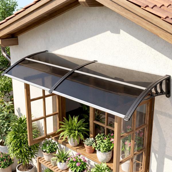 Marquise para Portas e Janelas 196x75x23 cm Marquise de Proteção contra Sol e Chuva com Cobertura de Policarbonato Preto