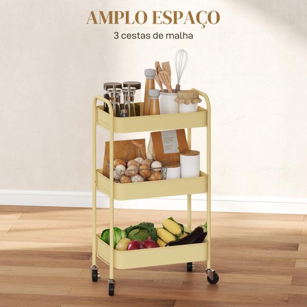 Carrinho Auxiliar com Rodas de 3 Níveis Carrinho de Cozinha com 3 Cestos e 2 Pegas 45x30,6x79 cm Amarelo