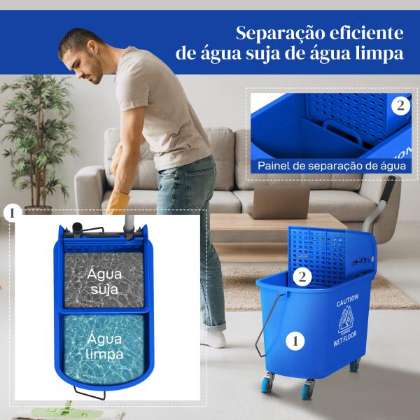 Balde de Esfregona com Rodas 20 L Balde com Escorredor e Asa de Transporte para Uso Doméstico e Comercial Azul