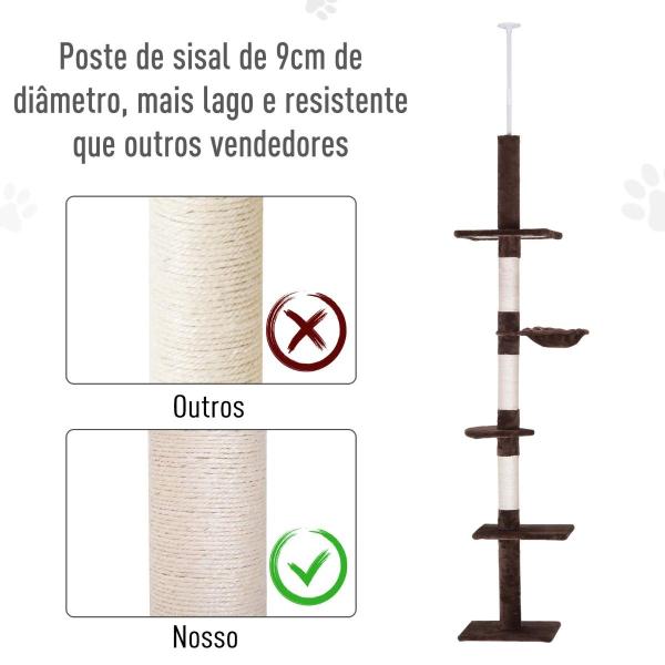 Árvore Arranhadora para Gatos Arranhador para Fixar ao Teto Altura Ajustável com Plataformas Poste de Sisal 40x34x230 - 260cm Marrom