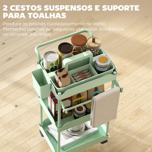 Carrinho Auxiliar com Rodas de 3 Níveis com Cestos Extraíveis Suporte para Toalhas e Estrutura de Metal 42x42,5x76 cm Verde